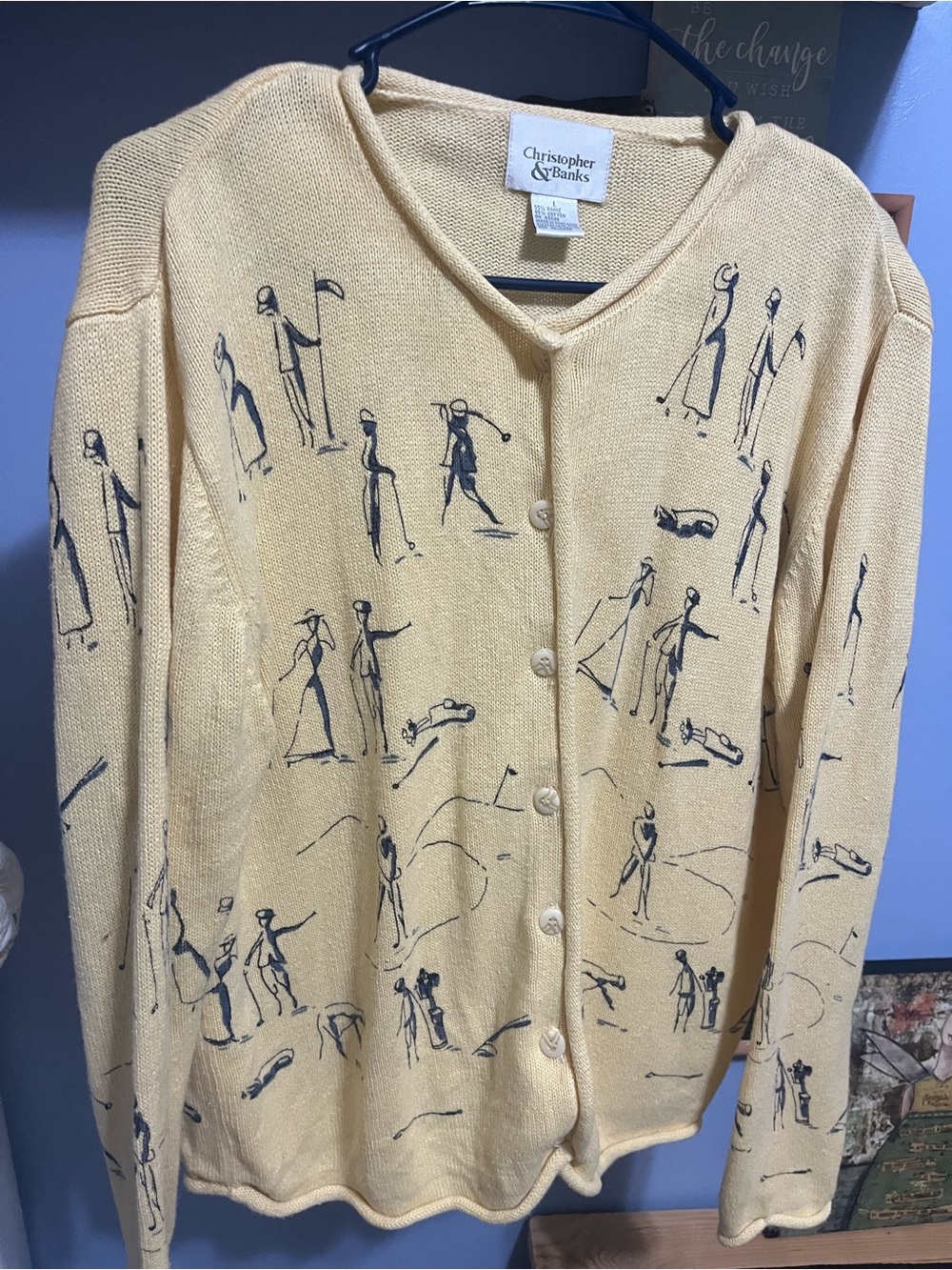 Christopher & Banks Cream Cardigan with Navy Golfer Sketch Print